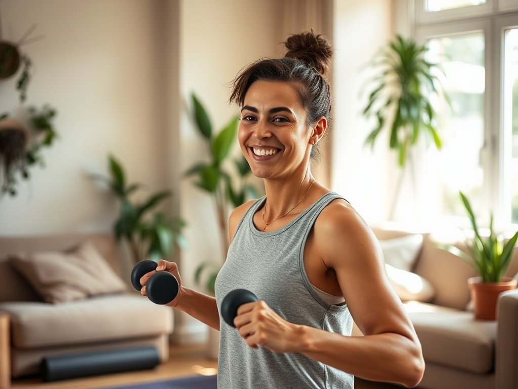 Молодая женщина занимается спортом с гантелями, улыбается на фоне уютной комнаты с растениями.