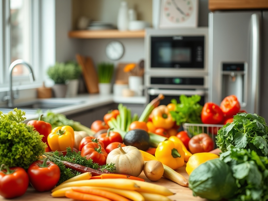 На столе в кухне разложены свежие овощи разных цветов: помидоры, перцы, морковь, зелень и другие.