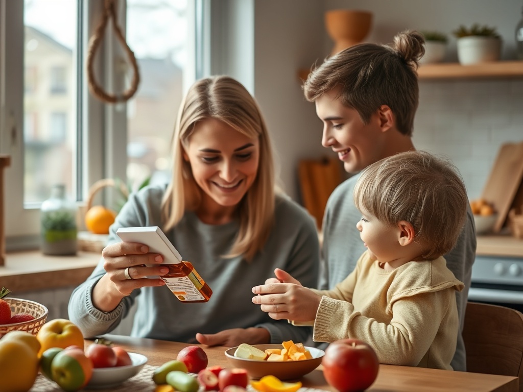 На изображении мама с двумя детьми общаются за столом, рядом фрукты и сок. Встреча в уютной кухне.