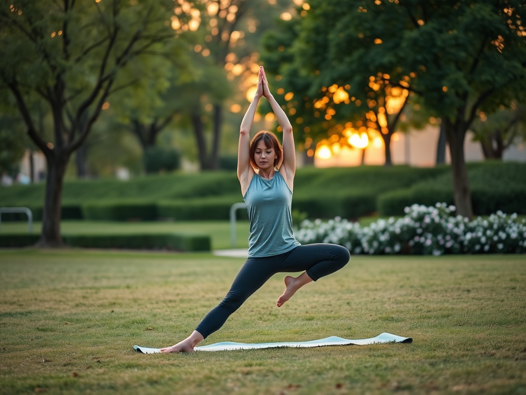 Женщина выполняет йогу на траве в парке на фоне заката, руки подняты вверх, одна нога согнута.