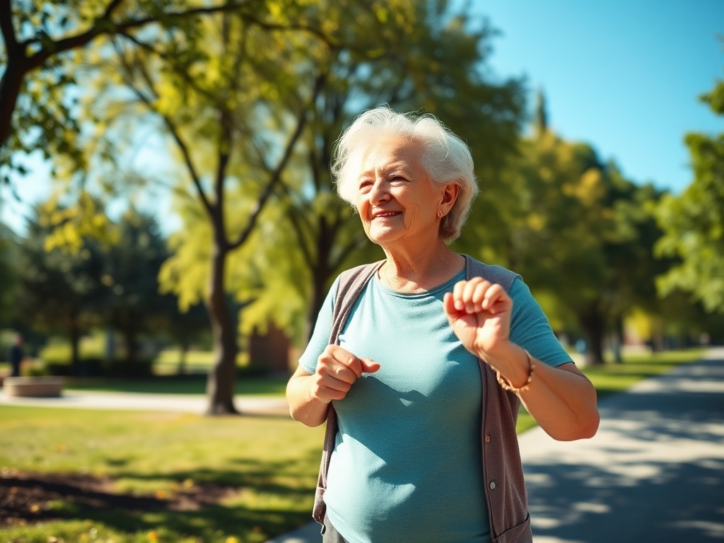 Пожилая женщина гуляет по парку, улыбается и наслаждается свежим воздухом в солнечный день.