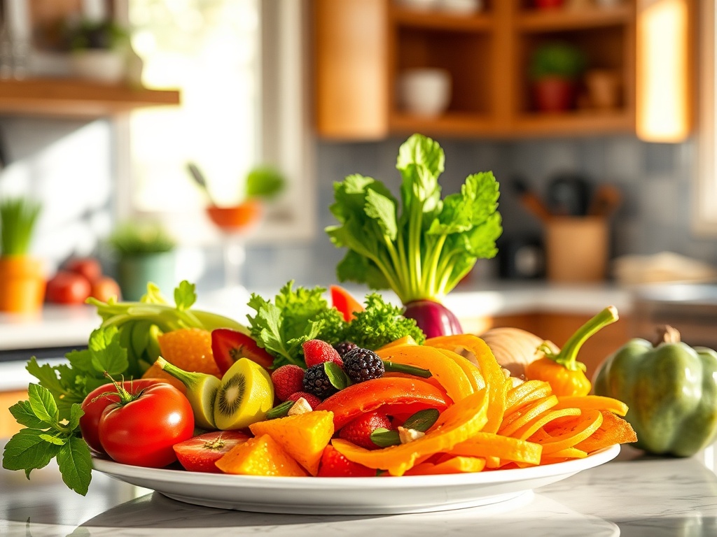 На белой тарелке разнообразные свежие овощи и фрукты, яркие цвета, на фоне уютной кухни.