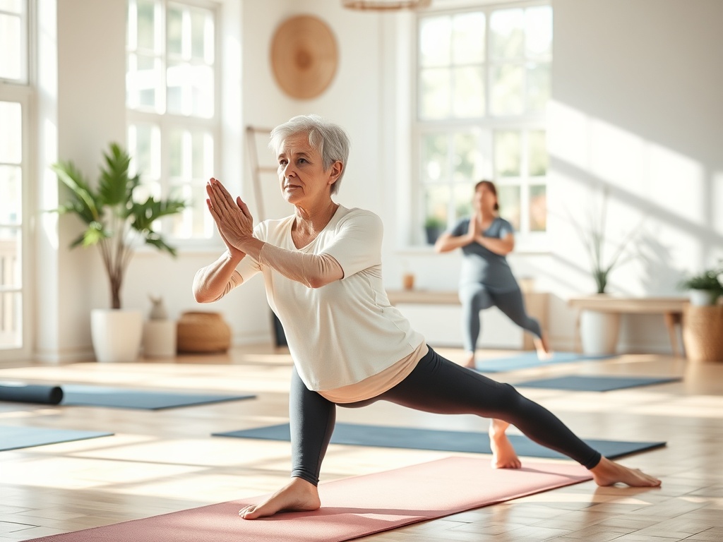 Две женщины занимаются йогой в светлом зале: одна в позе войны, другая в позе молитвы.