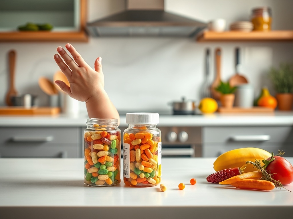 На столе стоят две банки с конфетами, рядом с ними фрукты и рука ребенка. Кухонный интерьер на заднем плане.