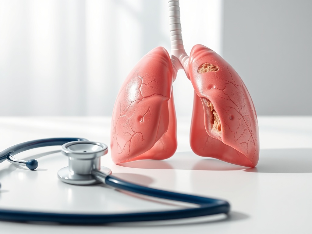 Модель легких и стетоскоп на белом столе. На заднем плане мягкое освещение.