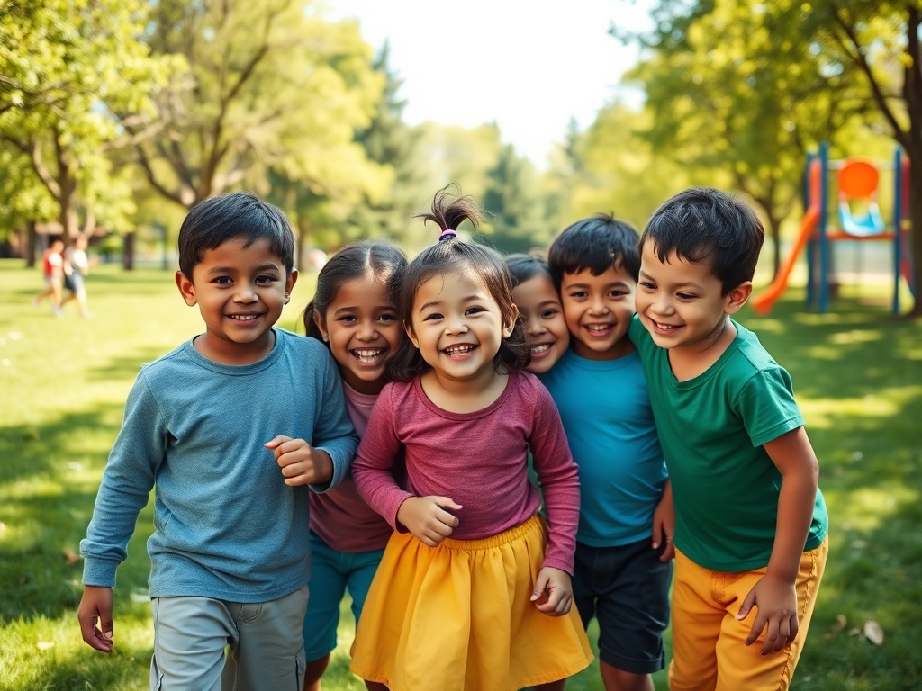 Дети улыбаются и играют на зеленом grass, наслаждаясь днем в парке. Сверкает дружба и радость.