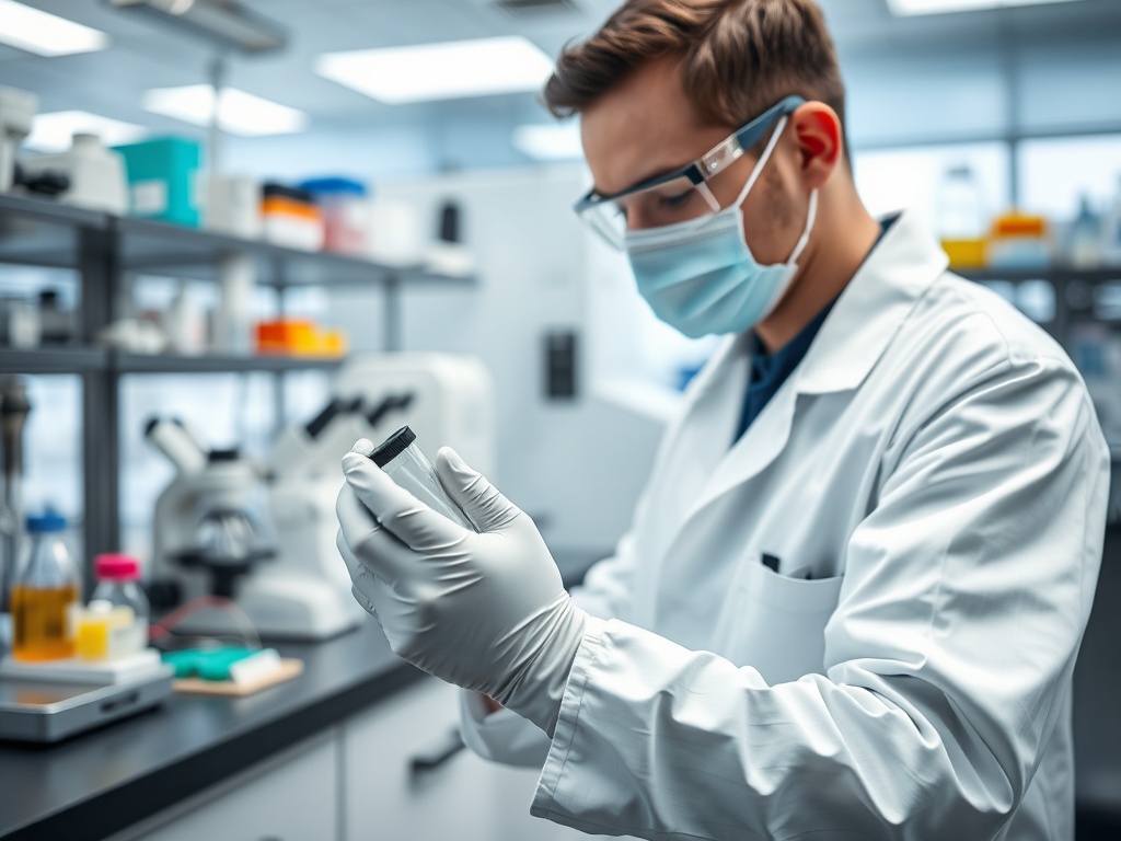 Лаборант в белом халате и маске изучает образец в лаборатории. На заднем фоне - оборудование и реактивы.