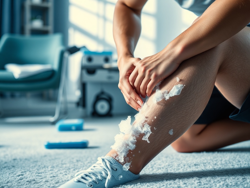 Молодой человек наносит крем на ногу, сидя в комнате с мягким освещением и спортивным оборудованием.