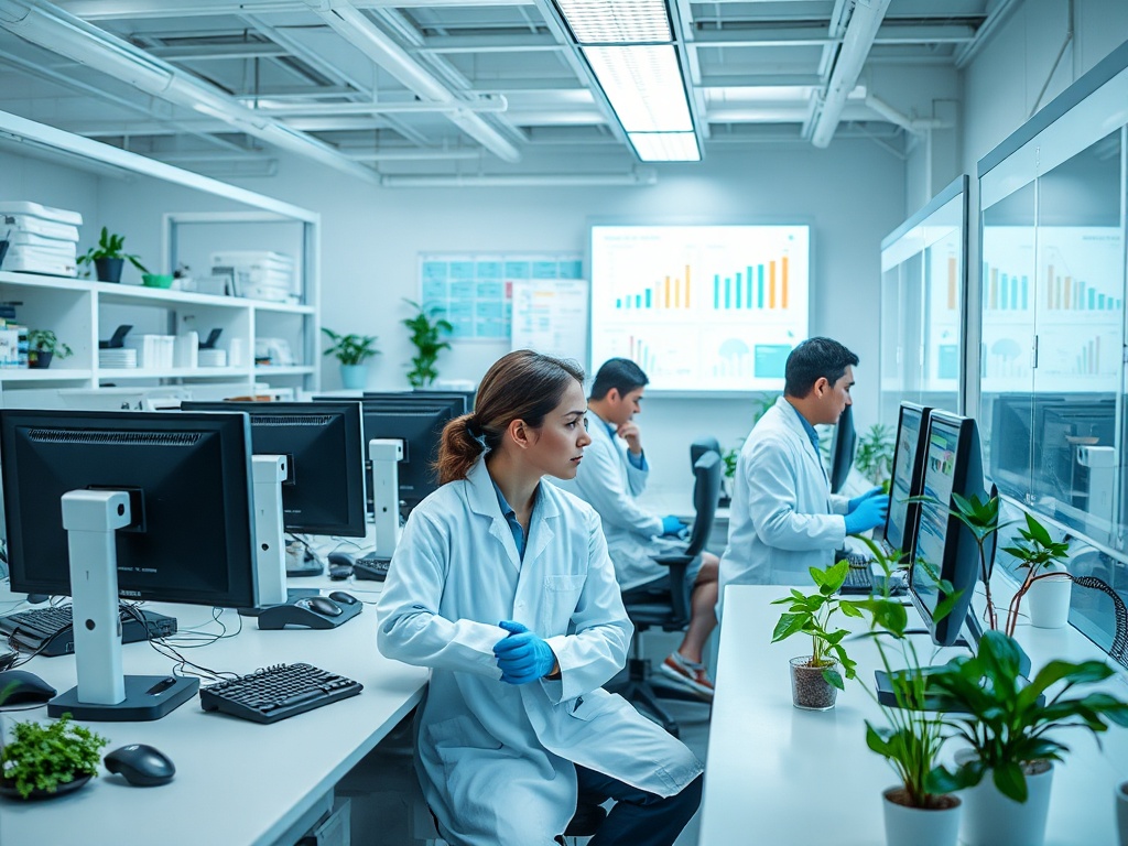 В лаборатории работают специалисты в белых халатах, анализируя данные на компьютерах среди зелени.