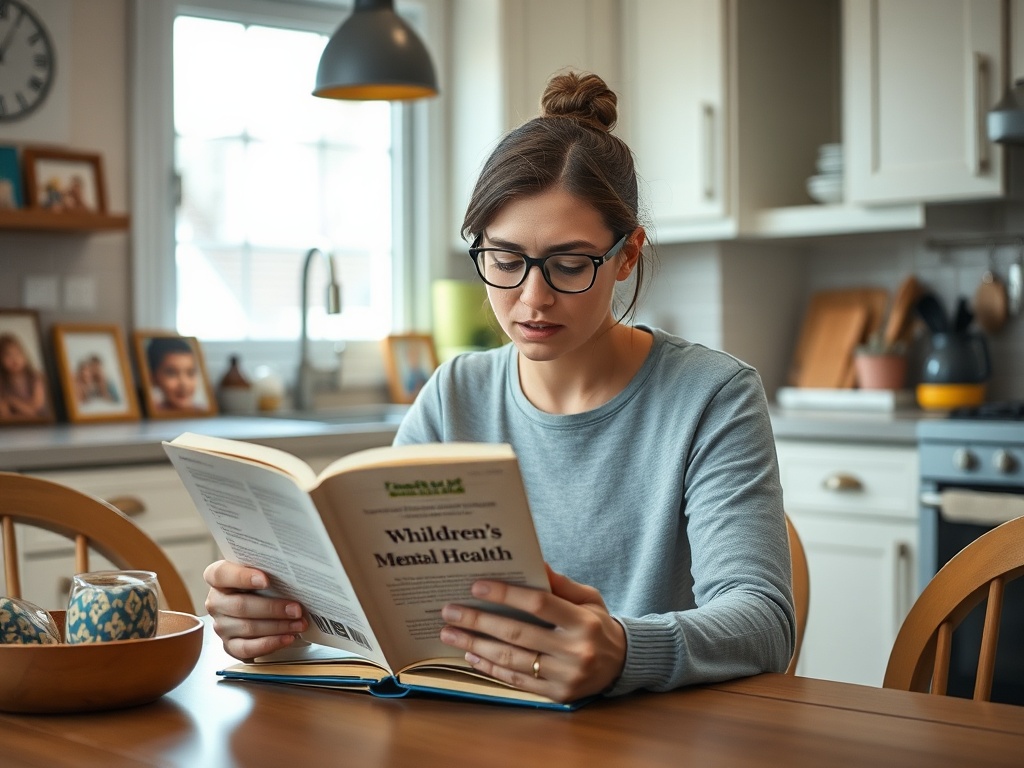Молодая женщина в очках читает книгу о психическом здоровье детей в уютной кухне.