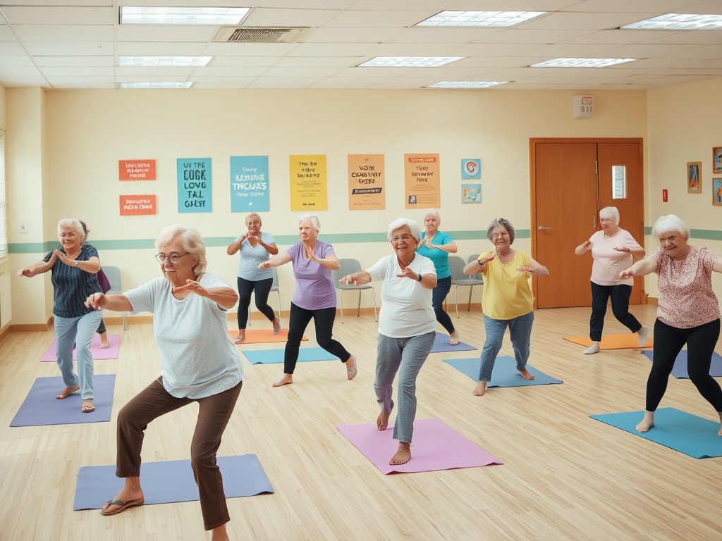 Группа пожилых женщин занимается йогой в светлом классе с ковриками. На стенах развешаны вдохновляющие постеры.