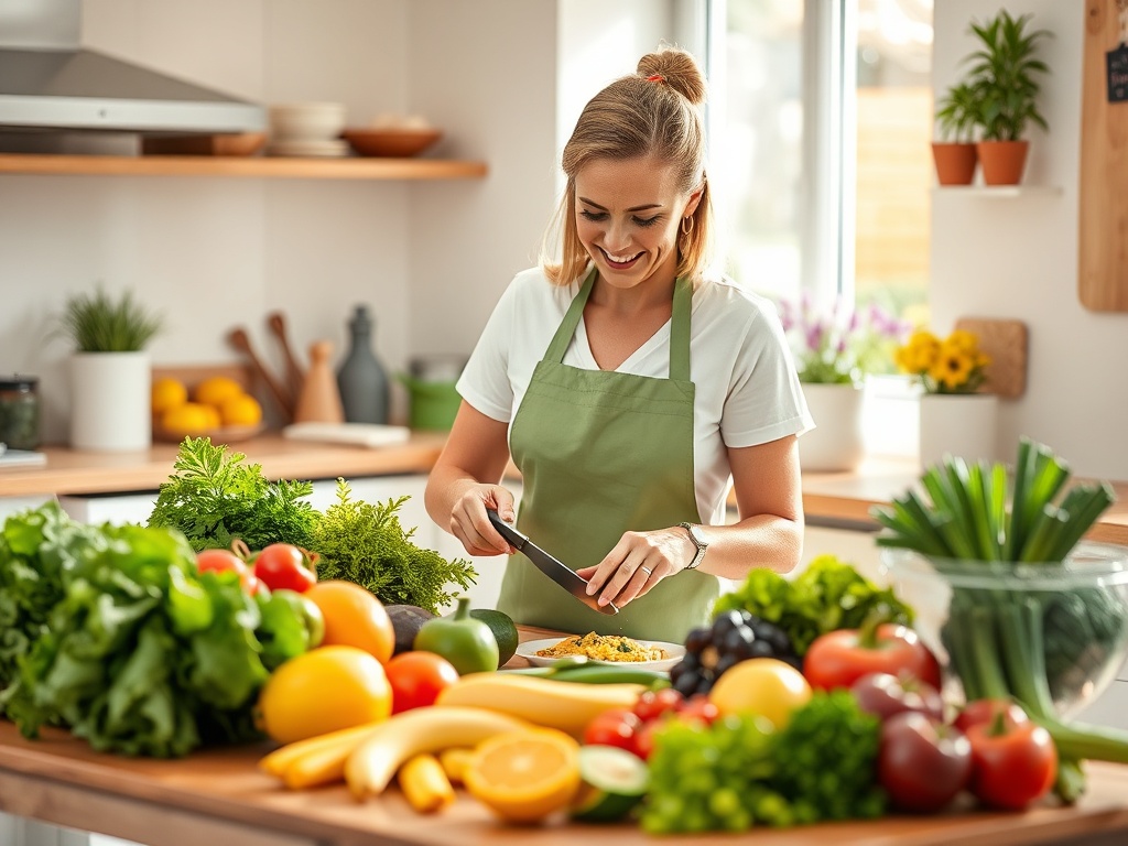 Женщина в зеленом фартуке готовит еду, окруженная свежими овощами и фруктами на кухне.