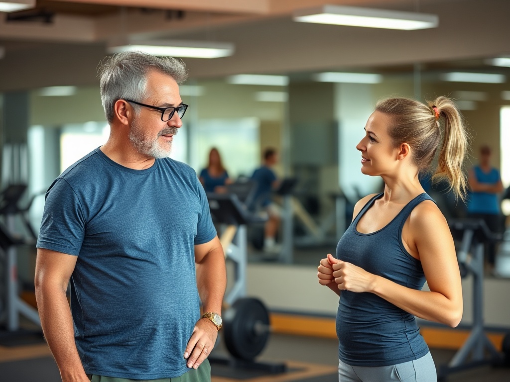 Два человека общаются в спортзале, мужчина с седыми волосами и женщина в спортивной одежде.