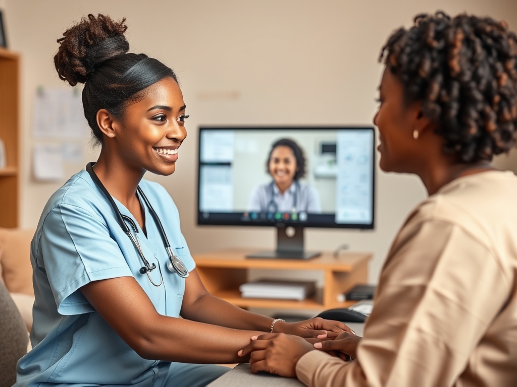 Доктор в медицинской униформе общается с пациентом во время онлайн-консультации. Улыбки и поддержка.