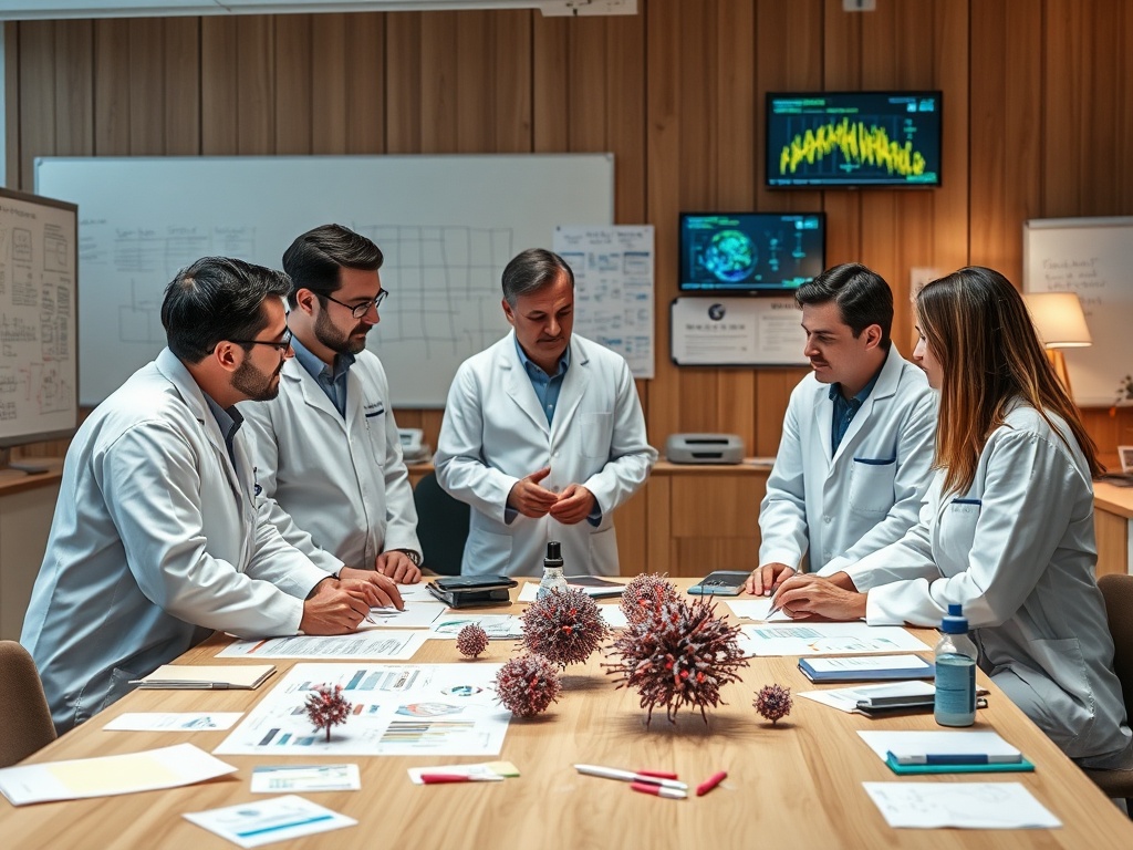 Врачебная команда обсуждает исследования вирусов за столом, окружённая образцами и документами.