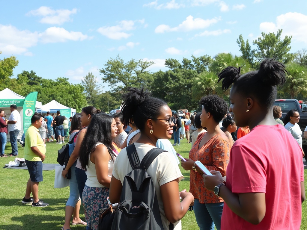 На мероприятии на свежем воздухе люди общаются и обмениваются информацией на зеленом травяном поле.