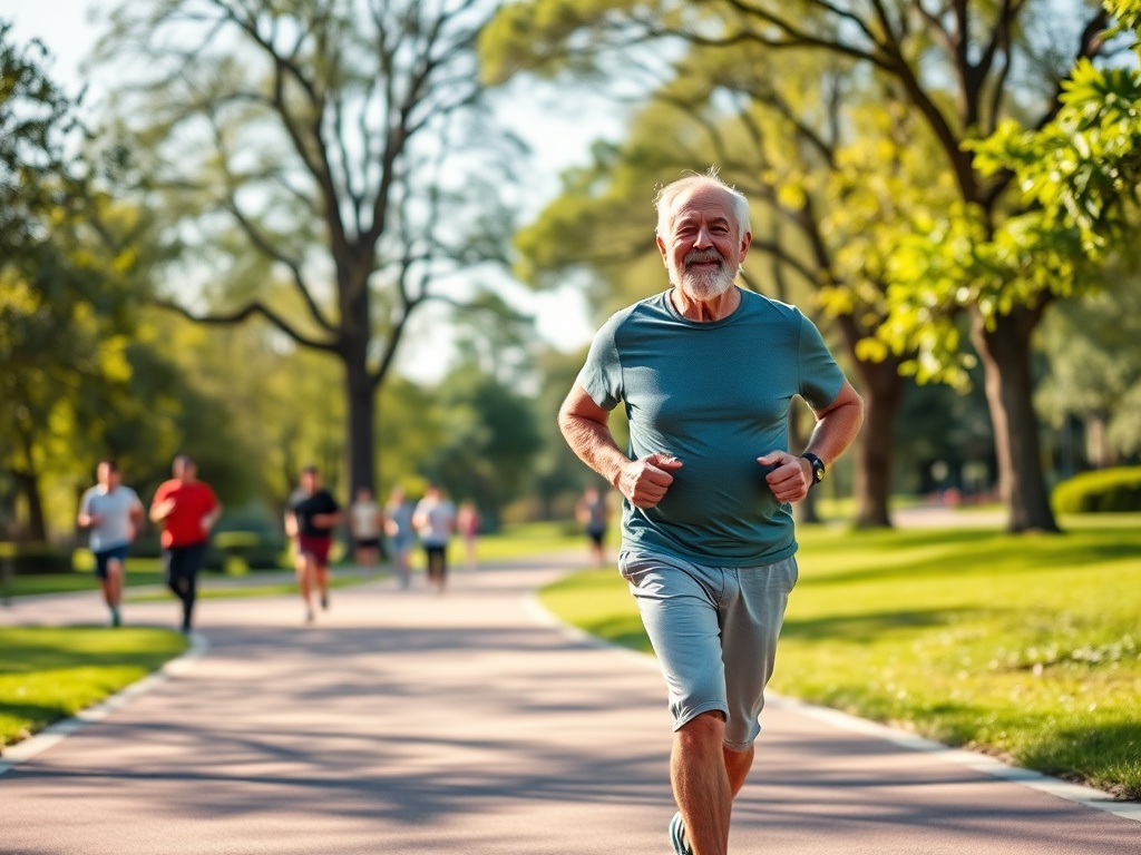 Пожилой мужчина с улыбкой бежит по парковой дорожке, вокруг него другие бегуны и зелёные деревья.