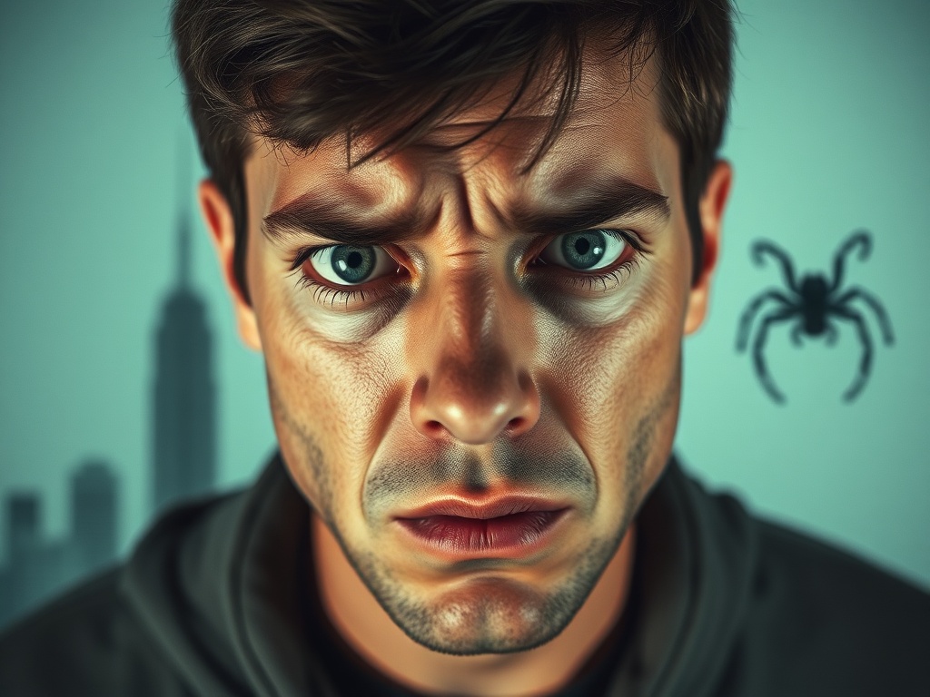 На изображении мужчина с испуганным выражением лица и пауком, нарисованным на фоне.