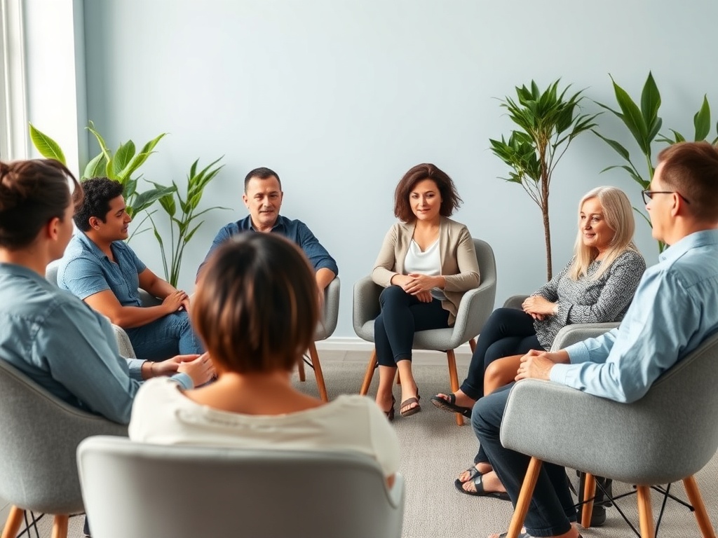 Группа людей сидит в кругу, обсуждая что-то в дружеской атмосфере среди растений.