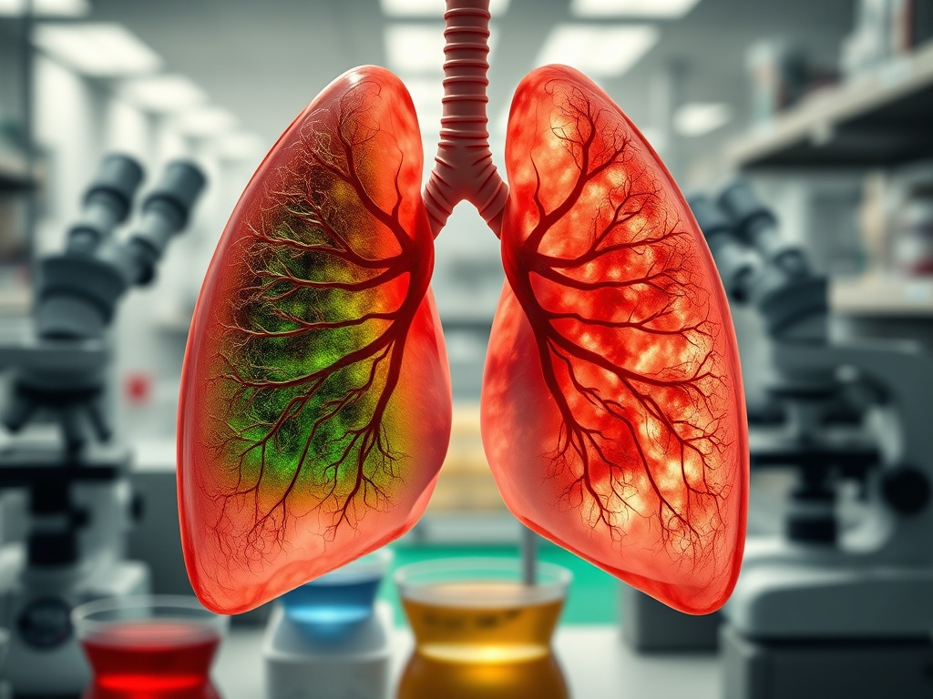 Модель легких с яркой кровеносной системой на фоне лабораторного оборудования и химических реактивов.