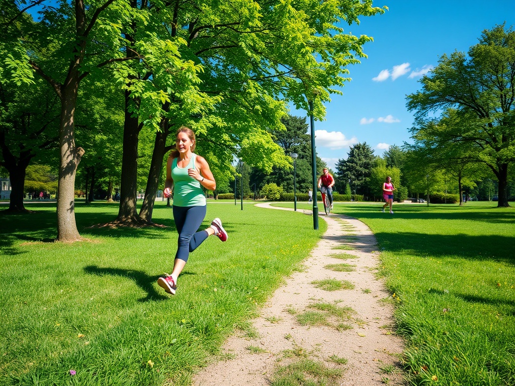 На солнечном парке бегут женщины и мужчина на велосипеде по тропинке среди зелёных деревьев.