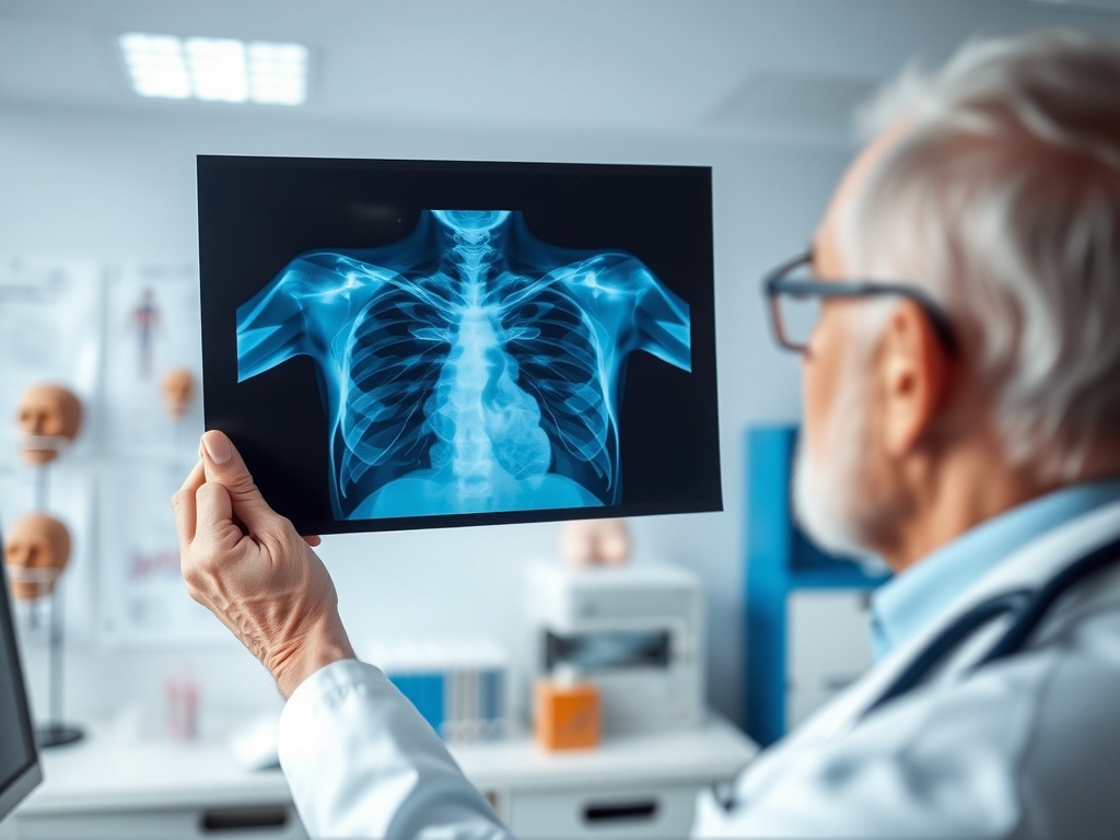 Врач рассматривает рентгеновский снимок грудной клетки в медицинском кабинете.