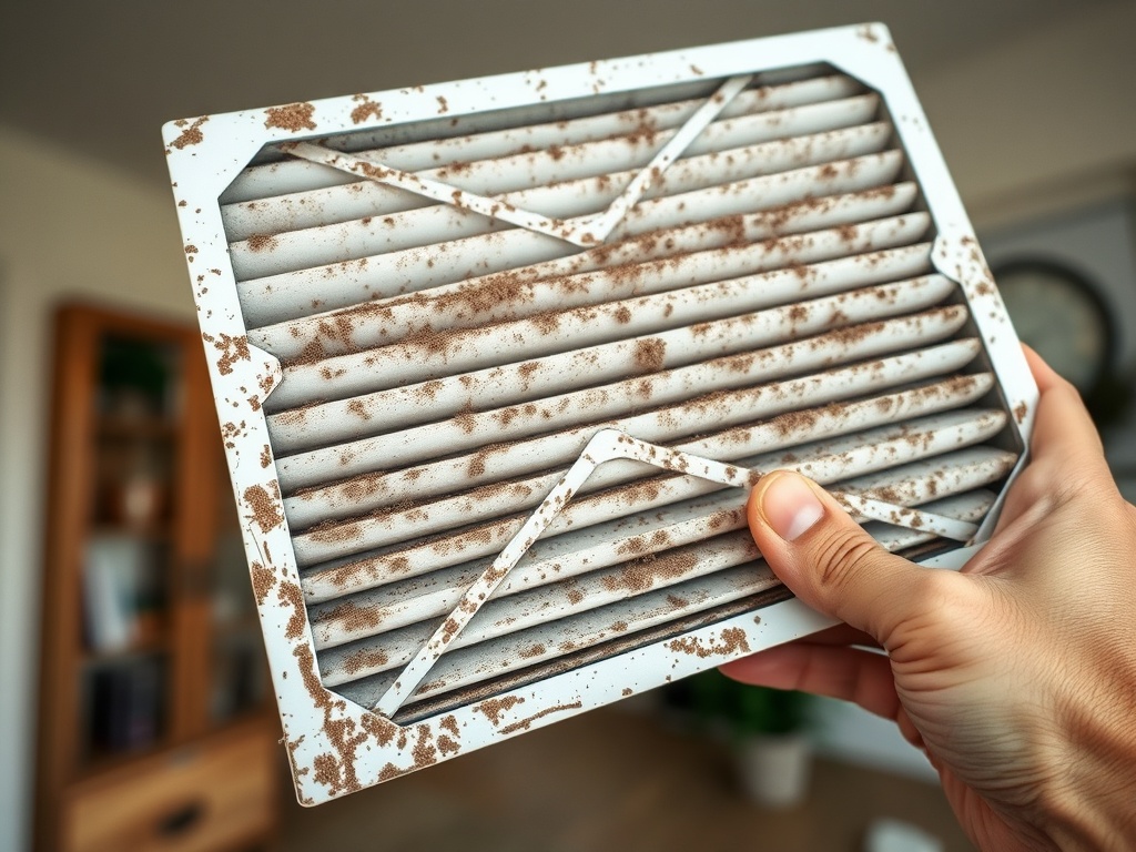 На картинке виден грязный фильтр для воздуха, который держит человек, на нем много пыли и грязи.