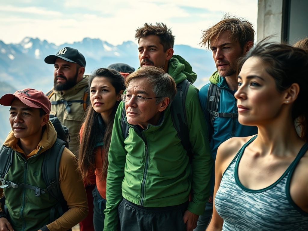 Группа людей на вершине горы, смотрящих вдаль, окруженные живописным горным ландшафтом.