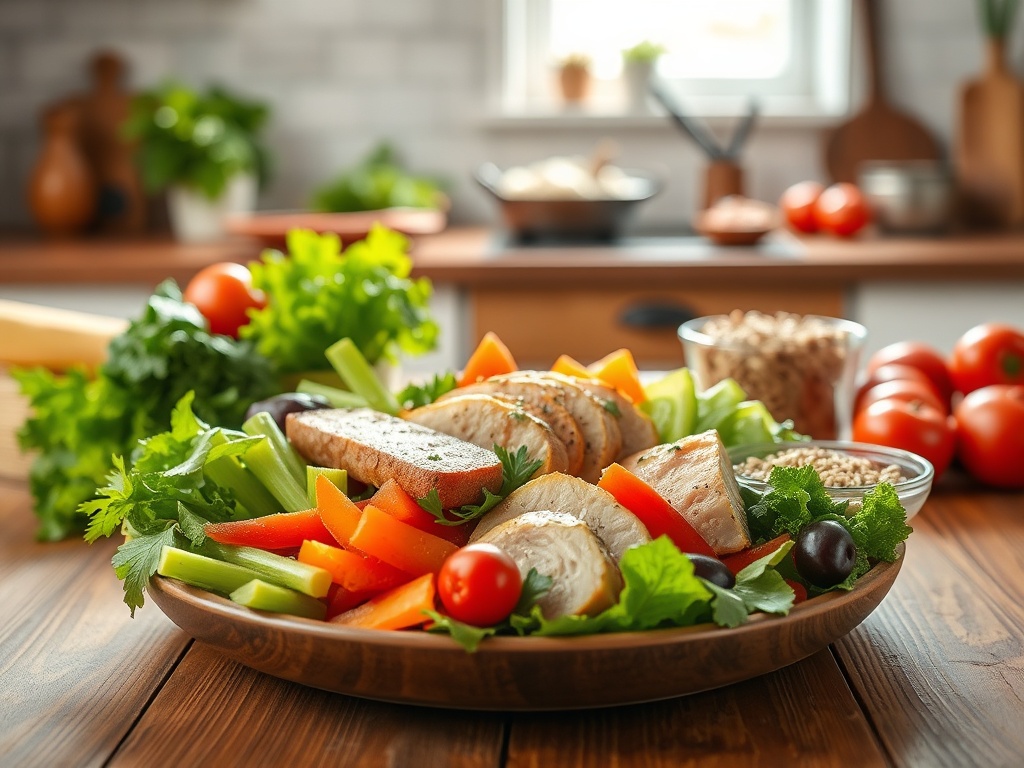 На деревянной тарелке салат с курицей, овощами и зеленью на фоне кухни. Темные томаты и семена рядом.