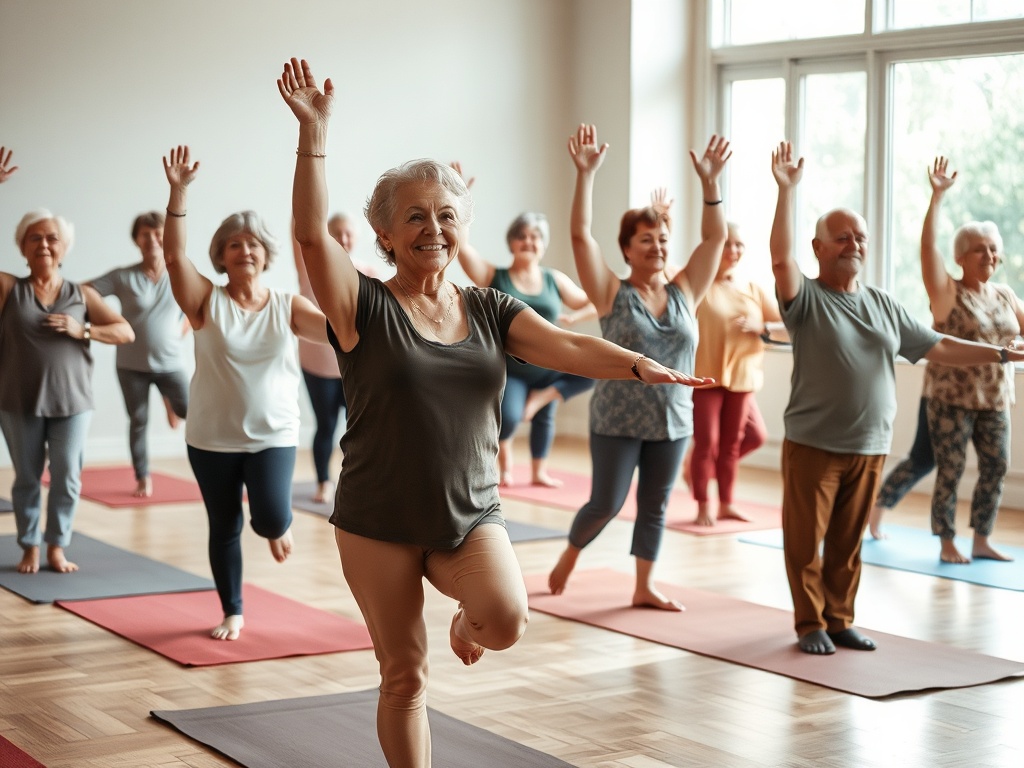 Группа пожилых людей занимается йогой в светлом помещении, выполняя различные асаны на ковриках.