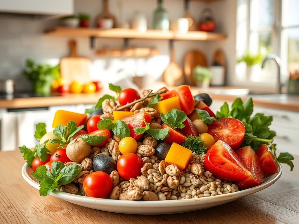 Яркий салат из свежих овощей и зелени на плоской тарелке в уютной кухне.
