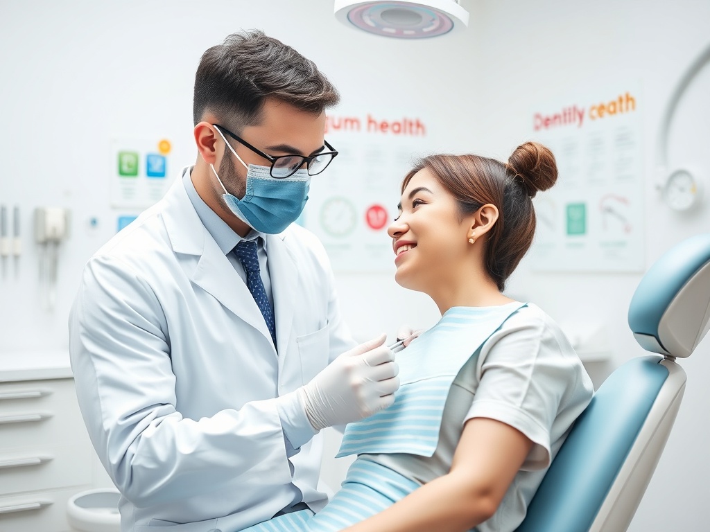 Стоматолог осматривает пациентку, оба улыбаются, в кабинете стоматологии. На стенах плакаты о здоровье зубов.