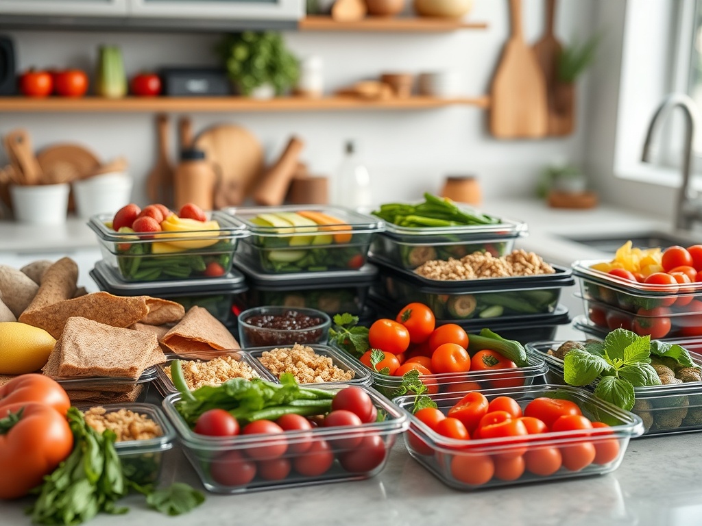 На столе разноцветные овощи и фрукты в стеклянных контейнерах, рядом хлеб и зелень. Здоровый обед.