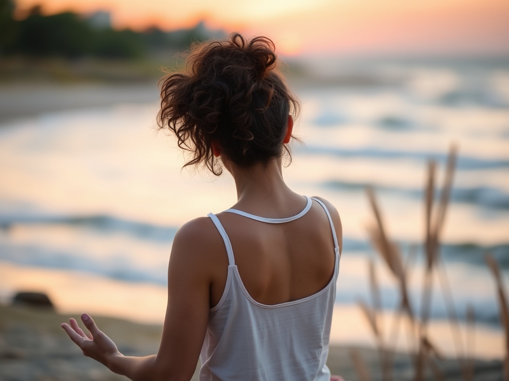 Женщина с локонами сидит на берегу моря, наслаждаясь закатом и спокойствием природы.