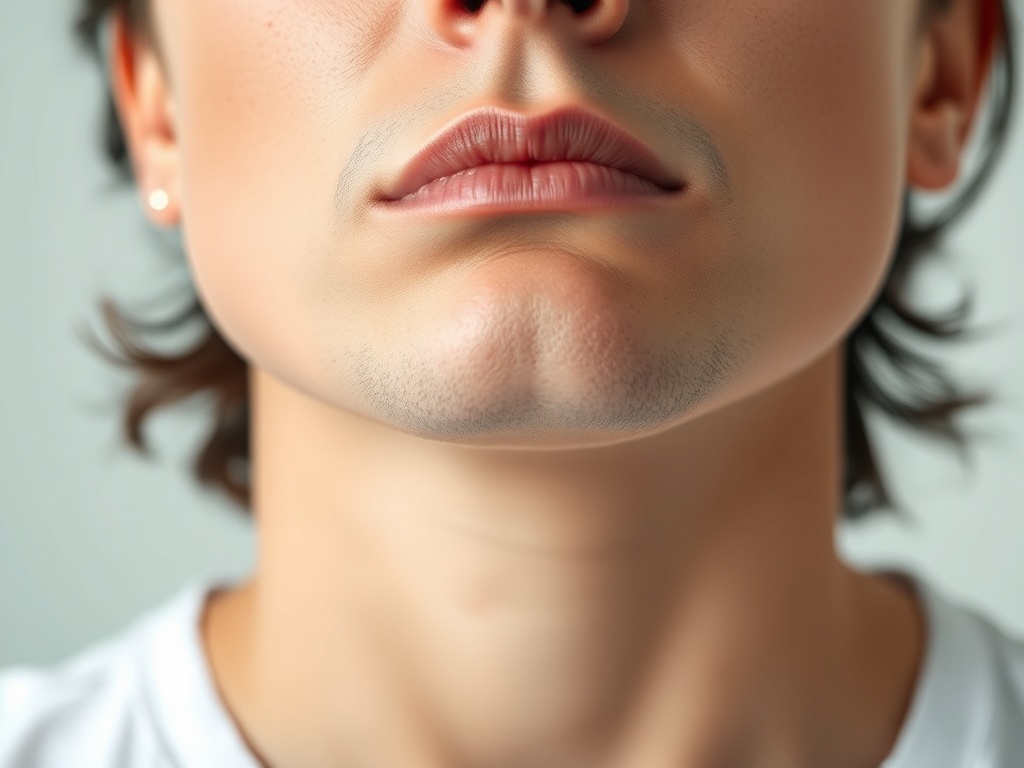 Часть лица молодого человека: подбородок и губы, с легкой щетиной и аккуратными чертами.