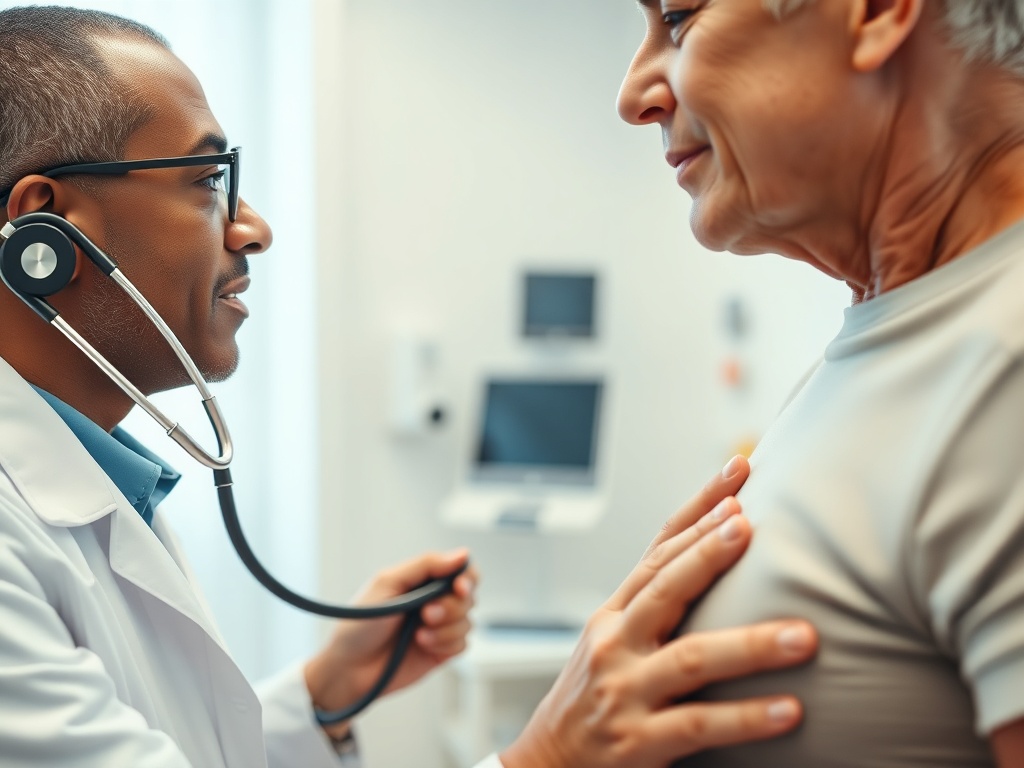 Врач проверяет здоровье пожилого пациента, внимательно слушая его сердце с помощью стетоскопа.