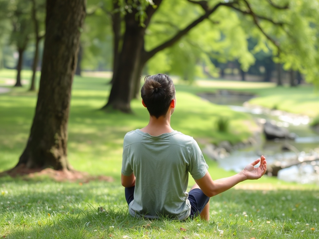 Молодой человек сидит в позе медитации на траве в парке, окружённый деревьями и тишиной.