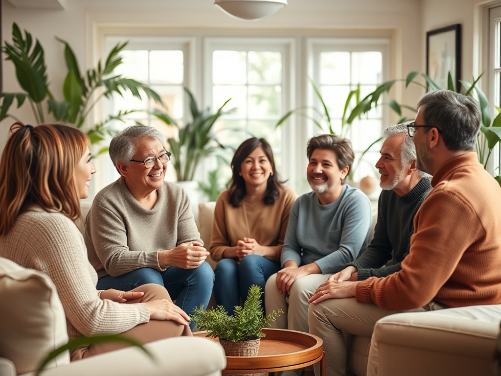 Группа людей общается в уютной обстановке, окруженная зелеными растениями и теплым светом.