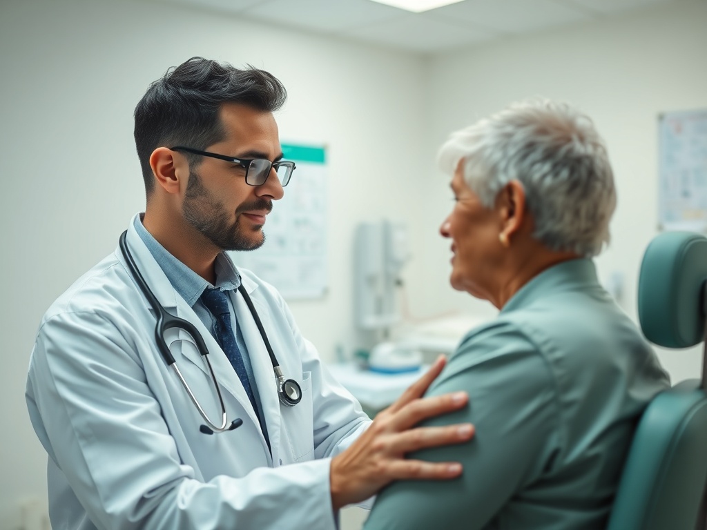 Врач беседует с пациентом в кабинете, обсуждая здоровье и предоставляя заботу и поддержку.